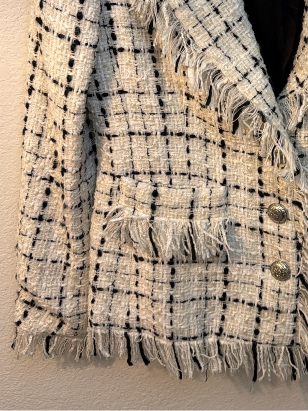 Giancarlo Ferrari Cream and Black Tweed Fringe Blazer